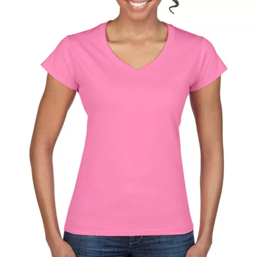Női póló  Csapott ujjú Gildan Ladies Softstyle V-Neck T-Shirt   Azálea (világos rózsaszín)   u