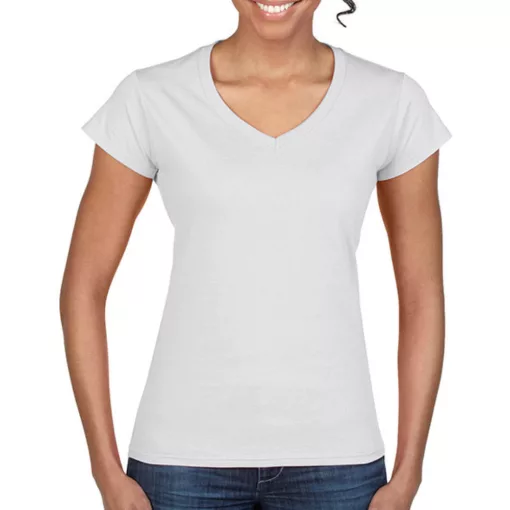 Női póló  Csapott ujjú Gildan Ladies Softstyle V-Neck T-Shirt   Azálea (világos rózsaszín)   u