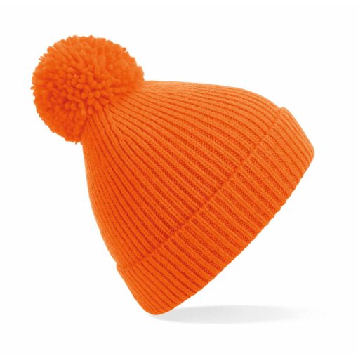 Uniszex téli kötött sapka Beechfield Engineered Knit Ribbed Pom Pom Beanie B382 Narancssárga