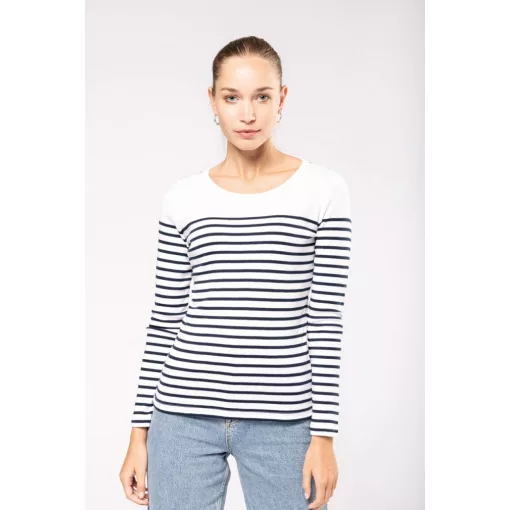 Női póló Kariban KA386 Hosszú Ujjú Breton Csíkos Felső -L, Striped White/Navy
