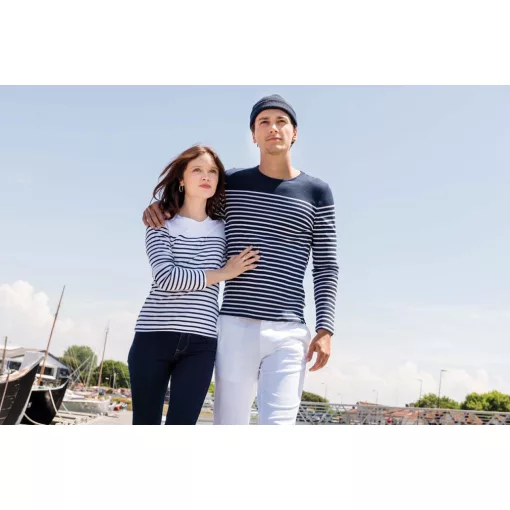 Férfi póló Kariban KA366 Hosszú Ujjú Breton Csíkos Felső -M, Striped Navy/White