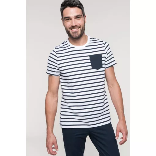 Férfi póló Kariban KA378 Csíkos Rövid Ujjú Zsebestengerész póló -3XL, Striped White/Re