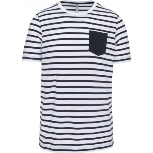 Férfi póló Kariban KA378 Csíkos Rövid Ujjú Zsebestengerész póló -L, Striped White/Navy