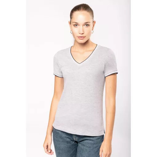 Női póló Kariban KA394 v-nyakú piqué póló -L, Black/Light Grey/White