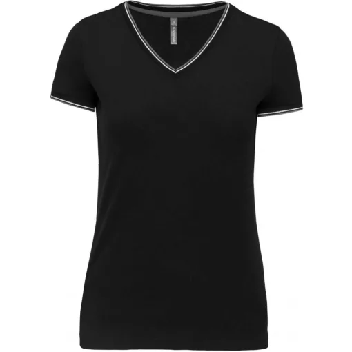 Női póló Kariban KA394 v-nyakú piqué póló -L, Black/Light Grey/White