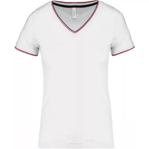 Női póló Kariban KA394 v-nyakú piqué póló -XS, White/Navy/Red