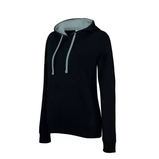 Női kapucnis pulóver Kariban KA465 Ladies’ Contrast Hooded Sweatshirt -S, Black/Fine G
