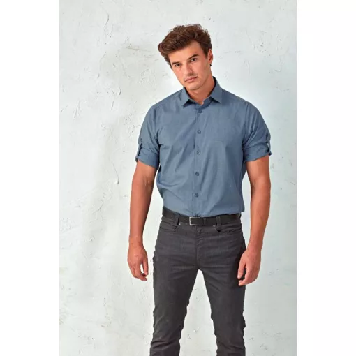 Férfi ing Premier PR217 Men S Cross-Dye Roll Sleeve poplin Bar Shirt -S, Grey Denim