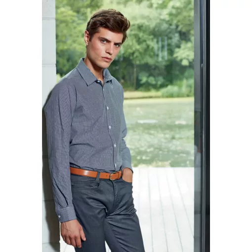 Férfi ing Premier PR220 Men S Long Sleeve Gingham Cotton Microcheck Shirt -L, Black/Wh