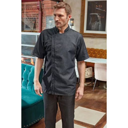 Uniszex kabát Premier PR906 Chef S Zip-Close Short Sleeve Jacket -S, Black Denim