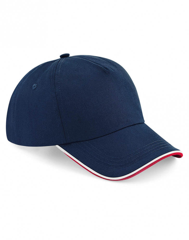 Uniszex sapka Beechfield Authentic 5 Panel Cap - Piped Peak Egy méret, Sötétkék (navy)/Piros/Fehér