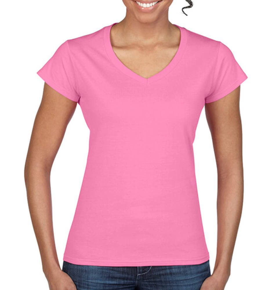 Női póló Csapott ujjú Gildan Ladies Softstyle V-Neck T-Shirt - XL, Azálea (világos rózsaszín)