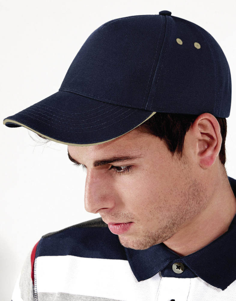 Uniszex sapka Beechfield Ultimate 5 Panel Cap - Sandwich Peak - One Size, Sötétkék (navy)/Putty