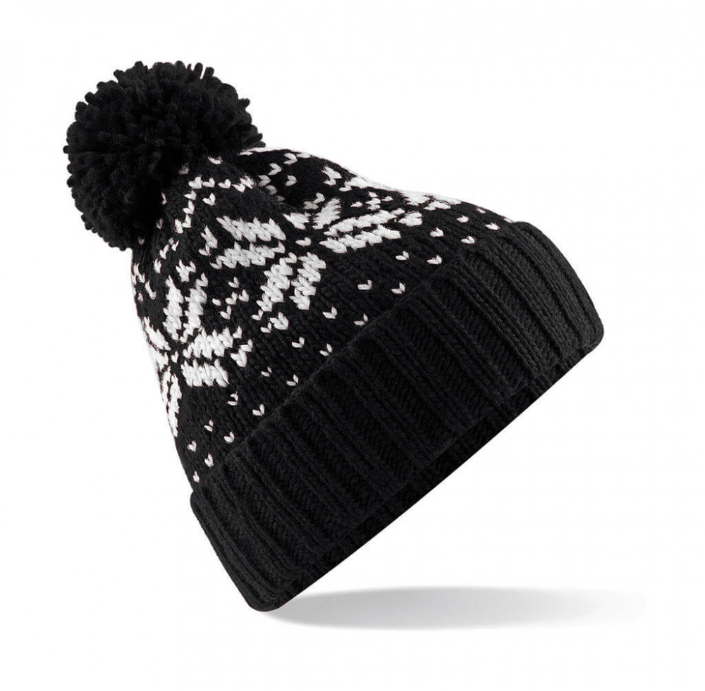 Uniszex téli sapka Beechfield Fair Isle Snowstar Beanie Egy méret, Fekete/Fehér