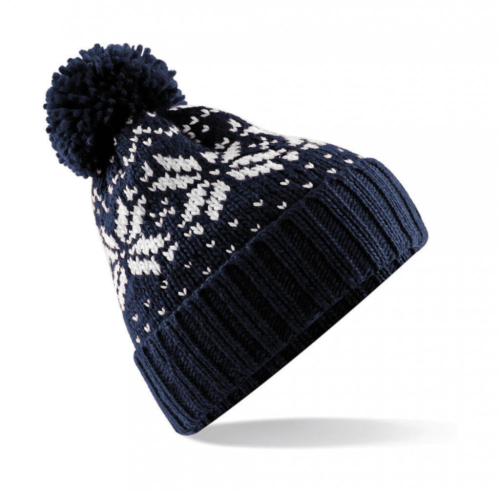Uniszex téli sapka Beechfield Fair Isle Snowstar Beanie Egy méret, Sötétkék (navy)/Fehér