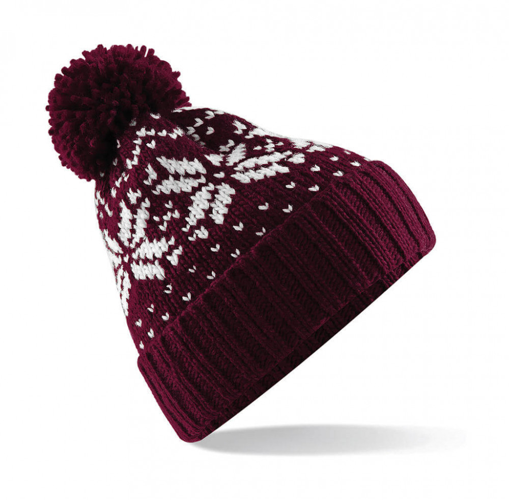 Uniszex téli sapka Beechfield Fair Isle Snowstar Beanie Egy méret, Burgundi vörös/Fehér