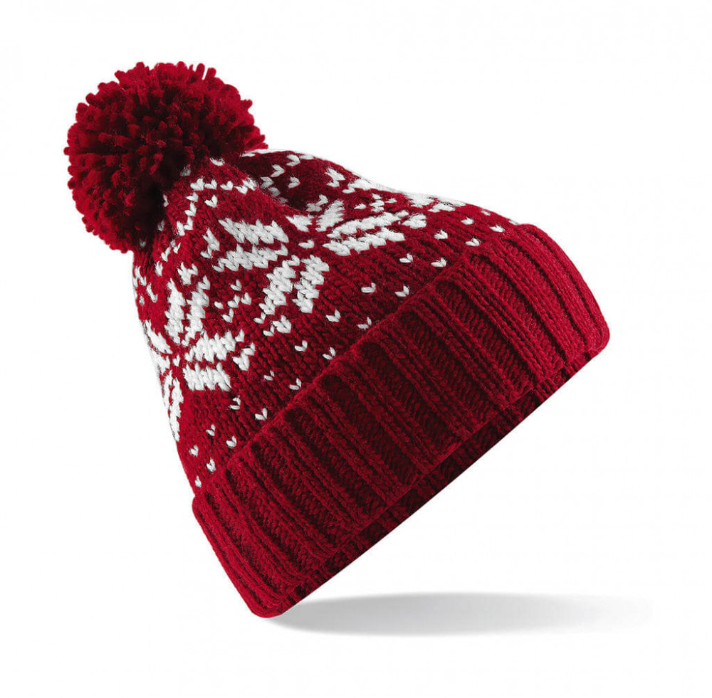 Uniszex téli sapka Beechfield Fair Isle Snowstar Beanie Egy méret, Piros/Fehér