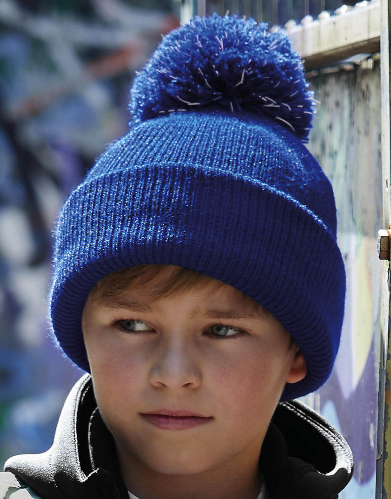 Uniszex téli sapka Beechfield Junior Reflective Bobble Beanie Egy méret, Fekete