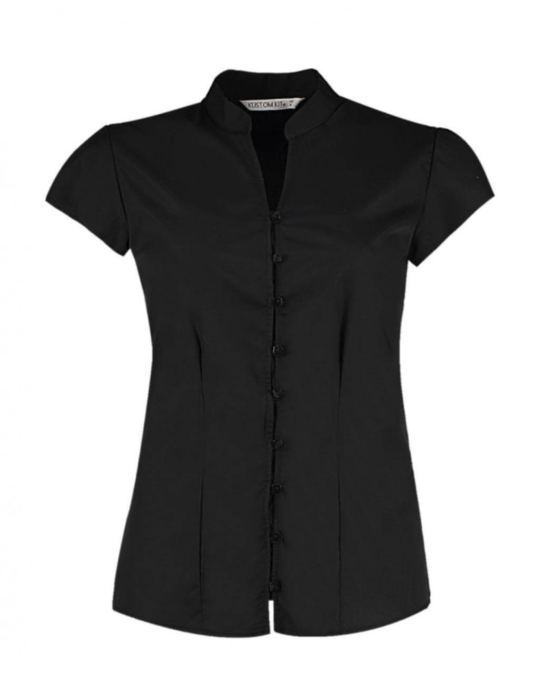 Női csapott ujjú blúz Kustom Kit Women's Tailored Fit Mandarin Collar Blouse SSL L (14), Fekete