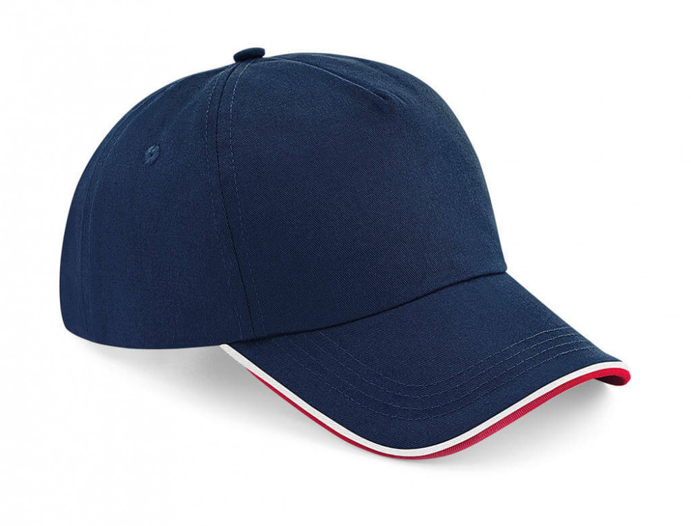 Uniszex sapka Beechfield Authentic 5 Panel Cap - Piped Peak Egy méret, Sötétkék (navy)/Piros/Fehér