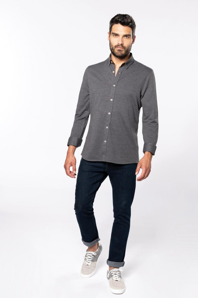 Férfi ing Kariban KA507 Long-Sleeved Jacquard Knit Shirt -S, Jacquard Dark Grey