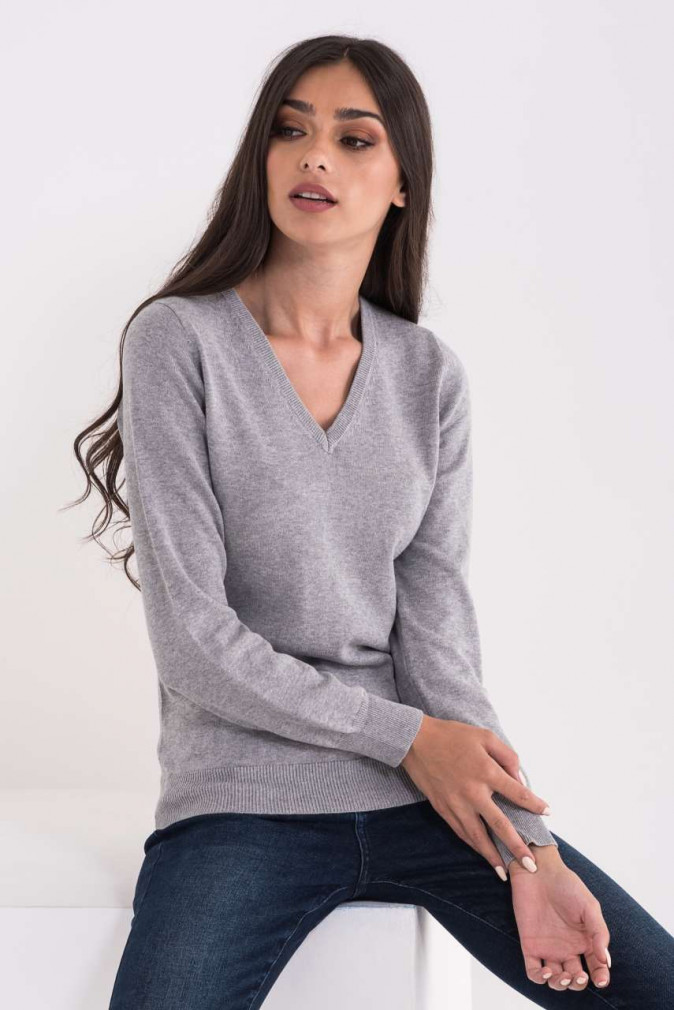Női Legend World Wide LWL9133 Ladies’ v-neck Fine Gauge Cotton pullover -M, Dark Melange Grey